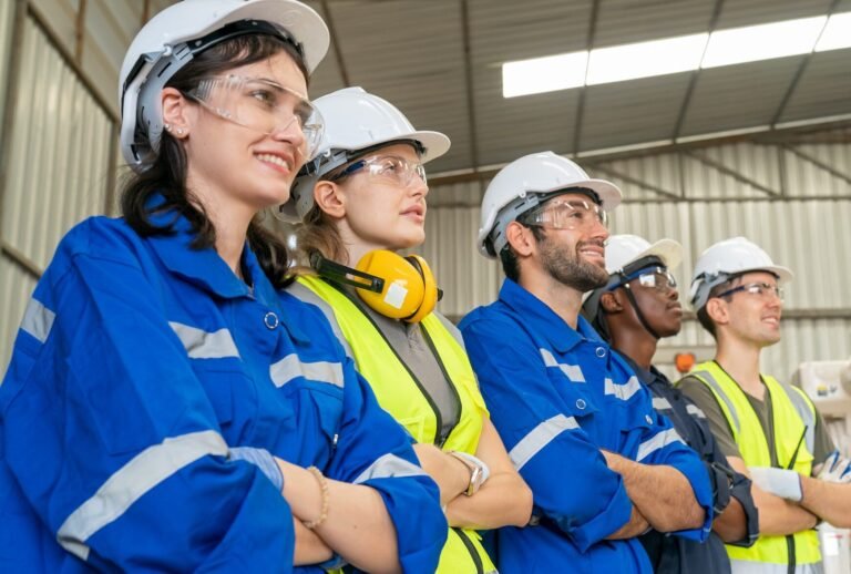 Robotics engineer working on maintenance of modern robotic arm in factory warehouse